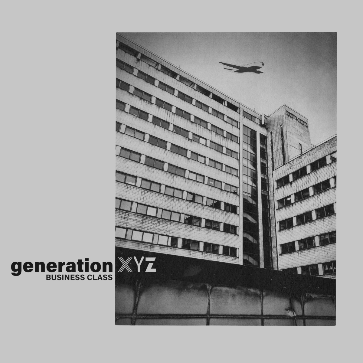 an album cover featuring a modern building and a plane in black-and-white.